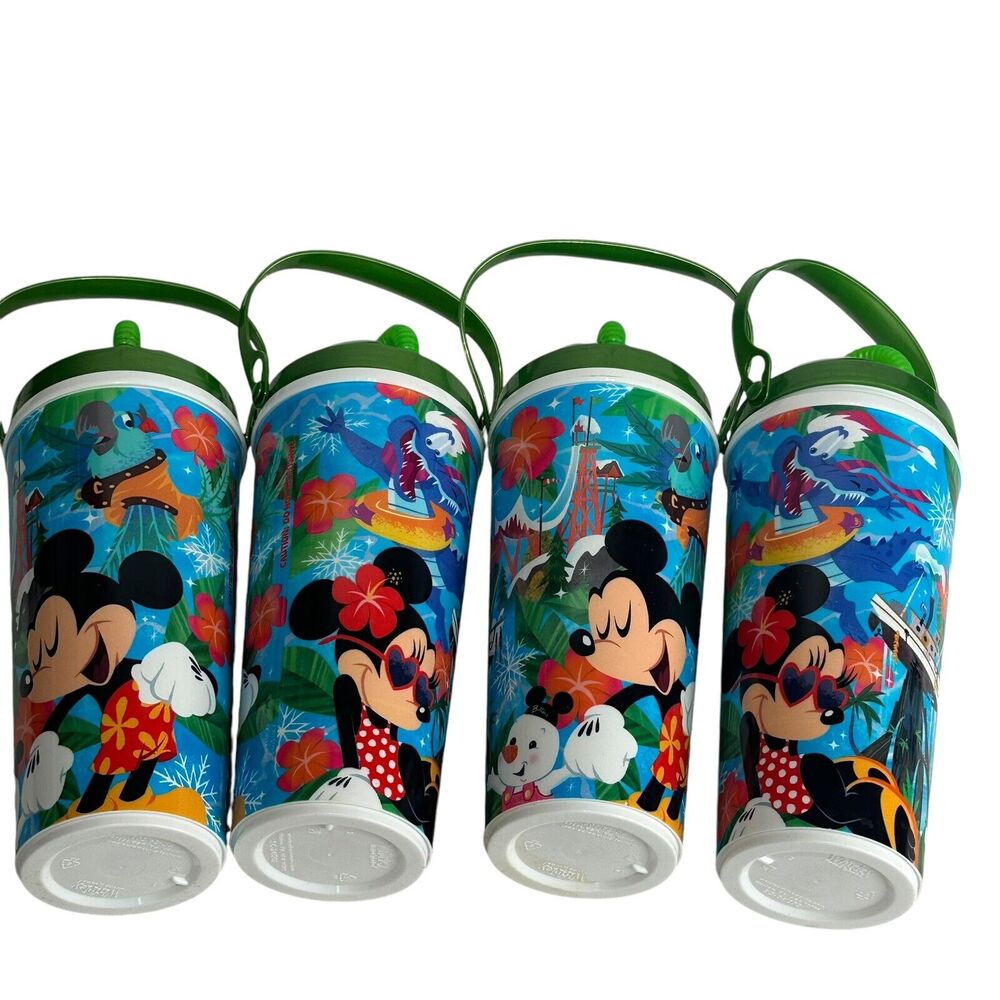 4 Disney World Water Parks Large Drink Cup Straw & Lids Mickey Minnie 28 oz.